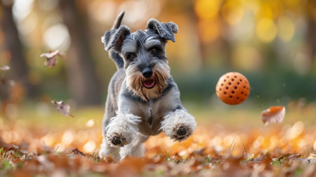 A Schnauzer enjoying a game of fetch, returning the ball with precision.の素材