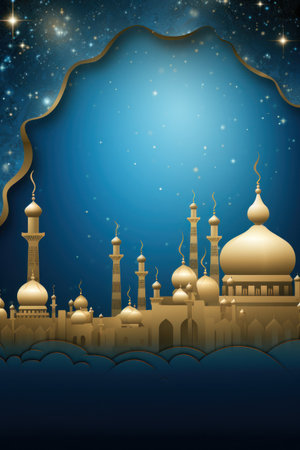 A lavish blue and gold background with elegant floral designs and a stunning mosque silhouette.の素材