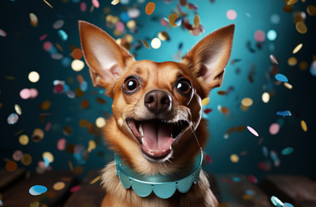 a dog standing in a party hat with red and yellow bow in the middle,の素材