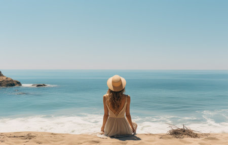 a girl sitting next to the ocean on a beach,の素材