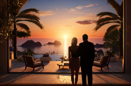 a man and a woman watching the sun rise over sea at a resort,の素材