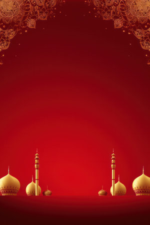 A luxurious red and gold background with ornate floral designs and a traditional mosque silhouetteの素材
