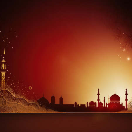 A luxurious red and gold background with ornate floral designs and a traditional mosque silhouetteの素材