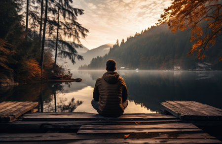 a man is sitting on a wooden dock while at sunriseの素材