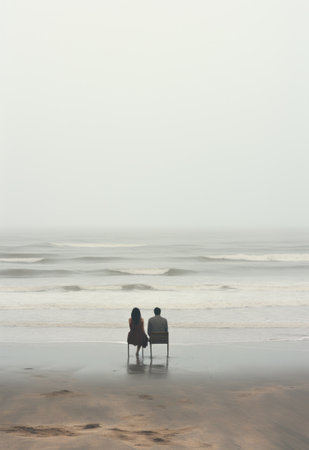 a girl and man walking on the beach in a gray day,の素材