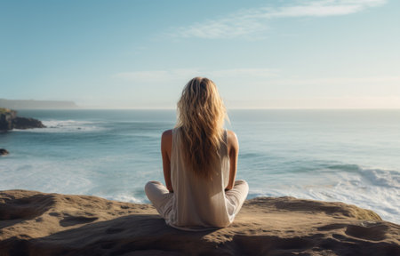 a girl sitting next to the ocean on a beach,の素材