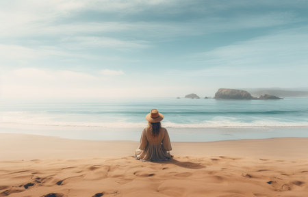 a girl sitting next to the ocean on a beach,の素材