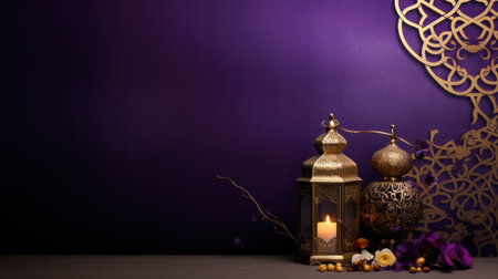 A regal purple and gold background with elegant Arabic calligraphyの素材