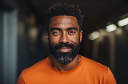 a nice portrait of a bearded man in an orange shirt,の素材