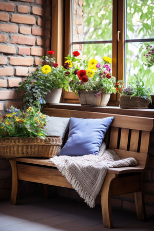 A rustic wooden bench with a cushion, a woven basket of colorful flowers,の素材