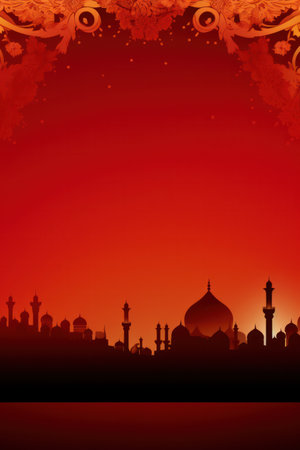 A luxurious red and gold background with ornate floral designs and a traditional mosque silhouetteの素材
