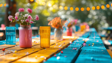 Festive picnic tables adorned with pastel decorations, inviting joyous gatherings.の素材