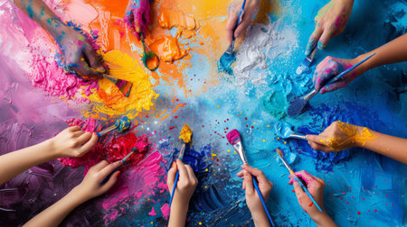 Multiple hands painting vibrant streaks on a canvas, a burst of creativity and color.の素材