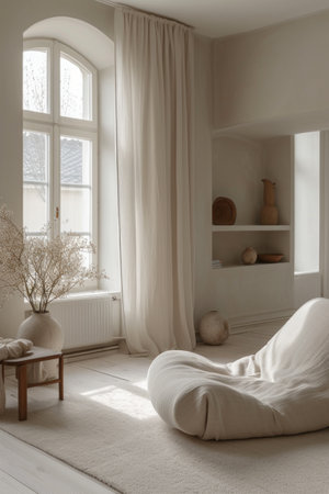A serene, minimalist room with soft, neutral tones and uncluttered design.の素材