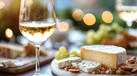 A picture of a wine glass and cheese on a romantic table, endorsing restaurantsの素材