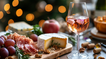 A picture of a wine glass and cheese on a romantic table, endorsing restaurantsの素材
