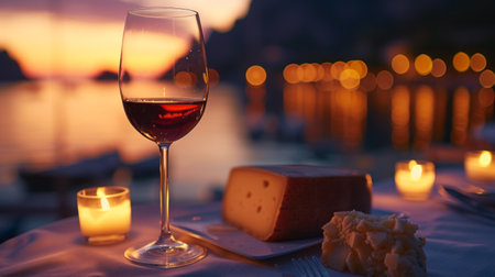 A picture of a wine glass and cheese on a romantic table, endorsing restaurantsの素材