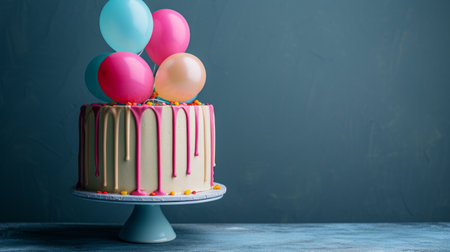 Colorful fondant balloons adorn a festive cake on a pink background.の素材