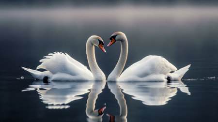 A pair of swans gliding serenely across the mirror-like surface of a tranquil lake.の素材