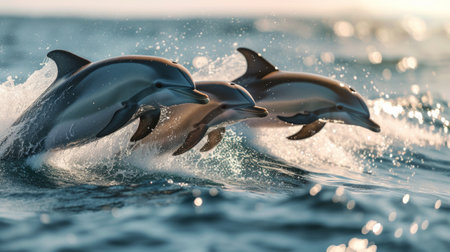 A playful family of dolphins leaping joyfully through the glistening waves of the oceanの素材