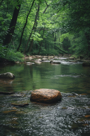 A tranquil, minimalist forest stream with a single, smooth rock in the water.の素材
