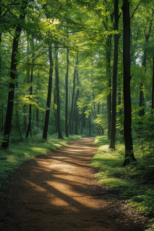 A tranquil forest path with dappled sunlight filtering through the serene canopyの素材