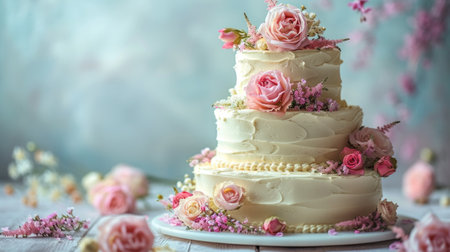 An elegant three-tiered birthday cake with pastel floral accents on a minimalist background.の素材