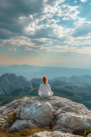 A tranquil yoga session on a serene mountaintop, under a serene, cloudless skyの素材
