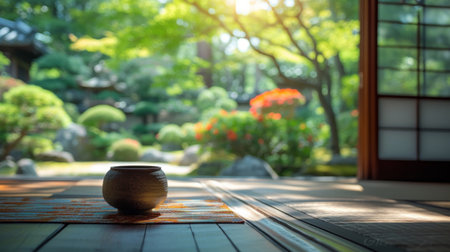 Enjoying a traditional tea ceremony in a tranquil Japanese garden. large copyspace area with copy space for text, offcenter composition.の素材