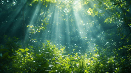 Enchanted Forest Whispers: Layers of lush greenery and dappled sunlight create an abstract representation of a magical forest.の素材