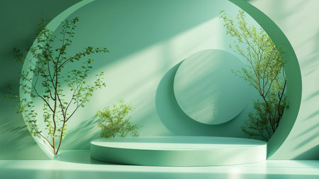 Geometric shapes in soothing shades of green, promoting eco-friendly beauty.の素材
