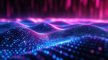 Futuristic holographic grids intersecting in shades of neon blue and purple.の素材