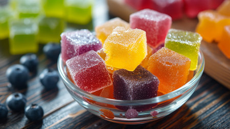 A colorful bowl of cubed jelly cubes, each bursting with fruity flavors and shimmering in the light.の素材