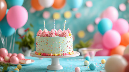 A cheerful birthday banner adorns a room filled with laughter.の素材