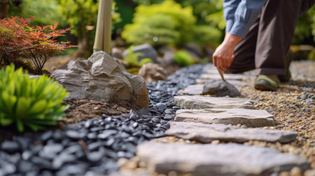 A group of gardeners cultivating a serene Japanese rock garden.の素材