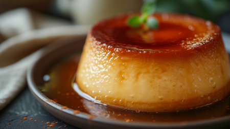A rich and silky caramel flan with its caramelized top glistening under soft lighting.の素材