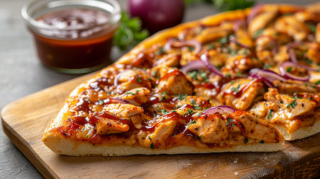 A slice of BBQ chicken pizza, adorned with tender chicken.の素材