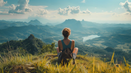 A solo traveler gazing at a majestic mountain range from a peaceful hilltop.の素材