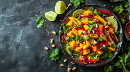 A vibrant and spicy Thai mango salad with sliced mango, chili, cilantro, and peanuts.の素材