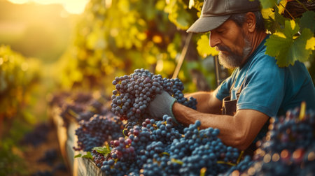 A vineyard worker harvesting grapes on a sunny day, showing the beauty of winemaking.の素材
