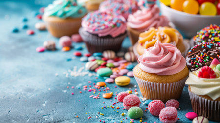 A table covered in sweet treats, cupcakes, and candies for a candy-themed birthday.の素材