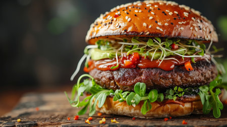 A vegan burger with a plant-based patty, avocado, sprouts, and a dollop of vegan mayo.の素材