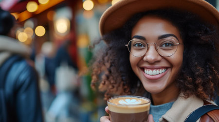Chic coffee aficionados sip in style, capturing the moment with beaming smiles.の素材