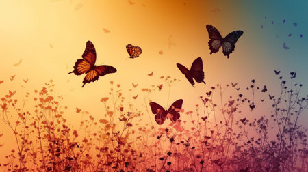 Graceful butterfly silhouettes flutter against a vivid, springtime canvas.の素材