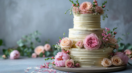 An elegant three-tiered birthday cake with pastel floral accents on a minimalist background.の素材