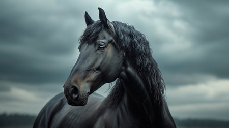 A powerful, ebony horse stands tall against a dramatic, cloudy sky.の素材