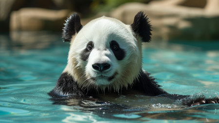 A panda enjoys a leisurely soak in a cool, refreshing pool. large copyspace area.の素材