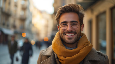 Men in cityscapes radiate elegance, smiling warmly against urban backgrounds.の素材