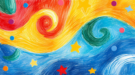 Classroom Harmony: Crayon-like swirls and childlike doodles create a playful learning atmosphere.の素材