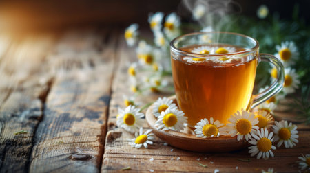 A steaming cup of aromatic chamomile tea with honey and a sprinkle of dried chamomile flowers.の素材